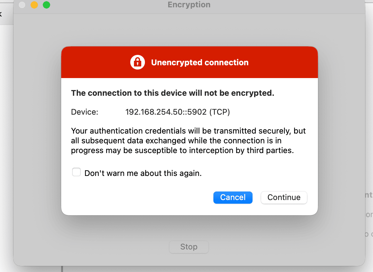 RealVNC Viewer Unencrypted connection warning dialog