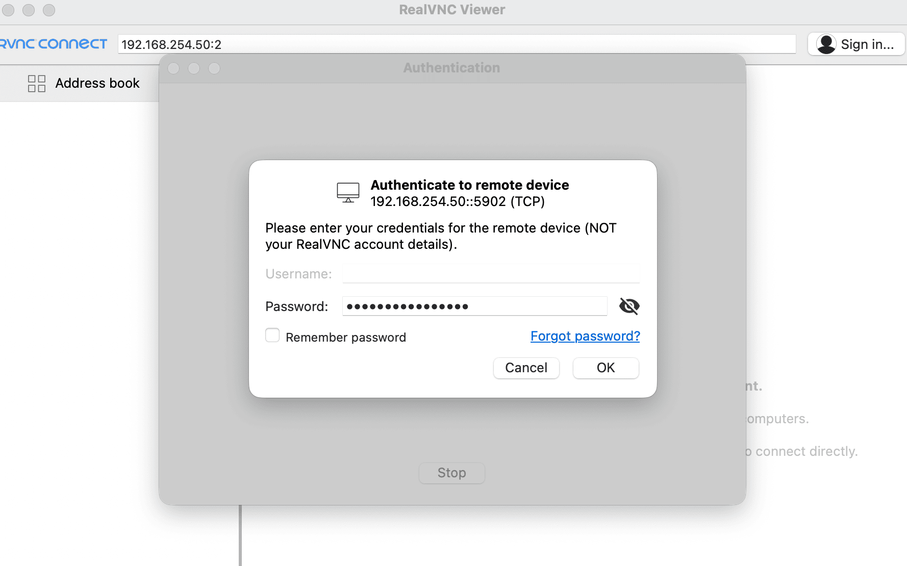 RealVNC Viewer Authentication dialog for the ODA bare metal node