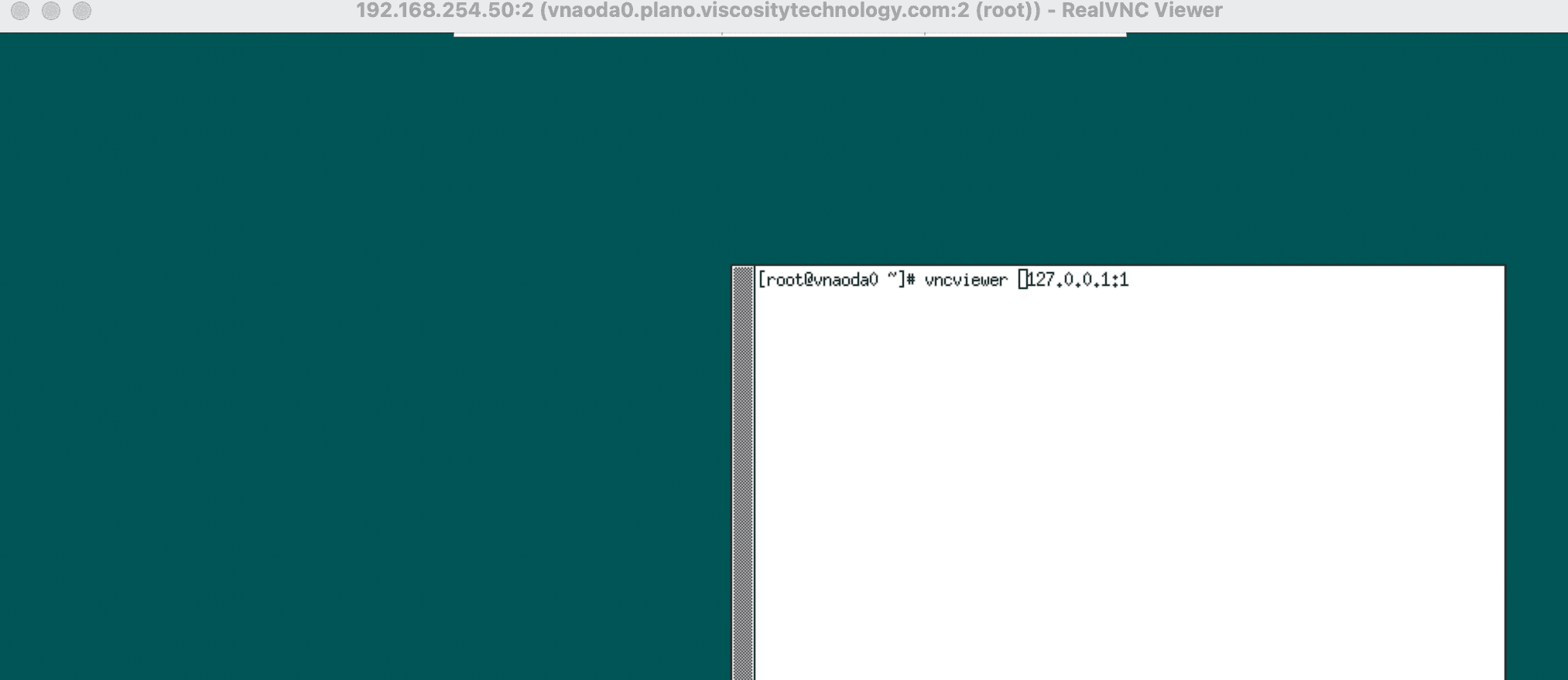 Terminal on ODA bare metal node executing vncviewer 127.0.0.1:1