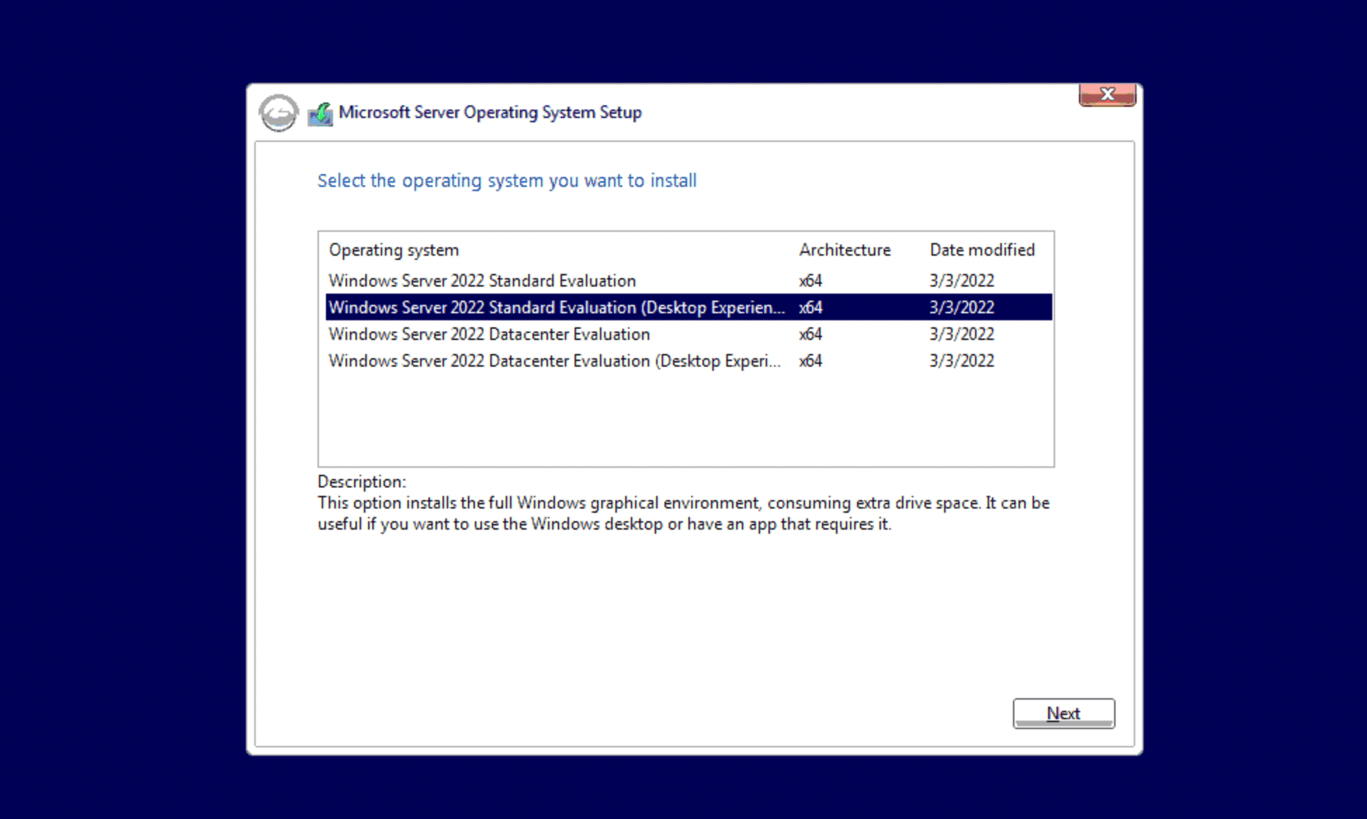 Windows Server Setup OS edition selection