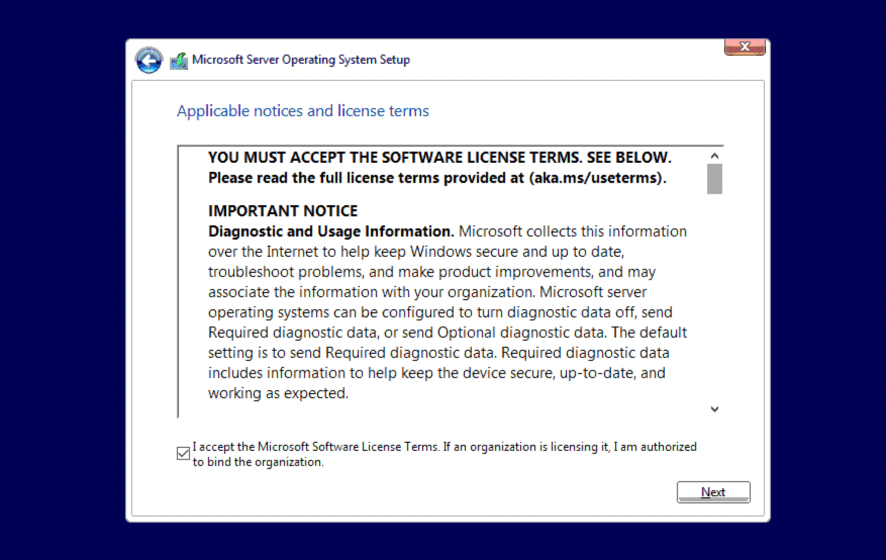 Windows Server Setup license terms screen