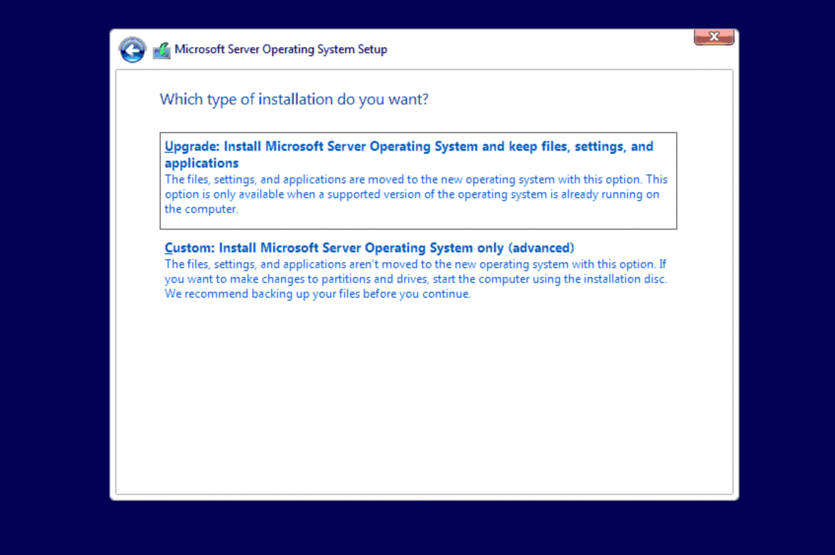 Windows Server Setup installation type selection