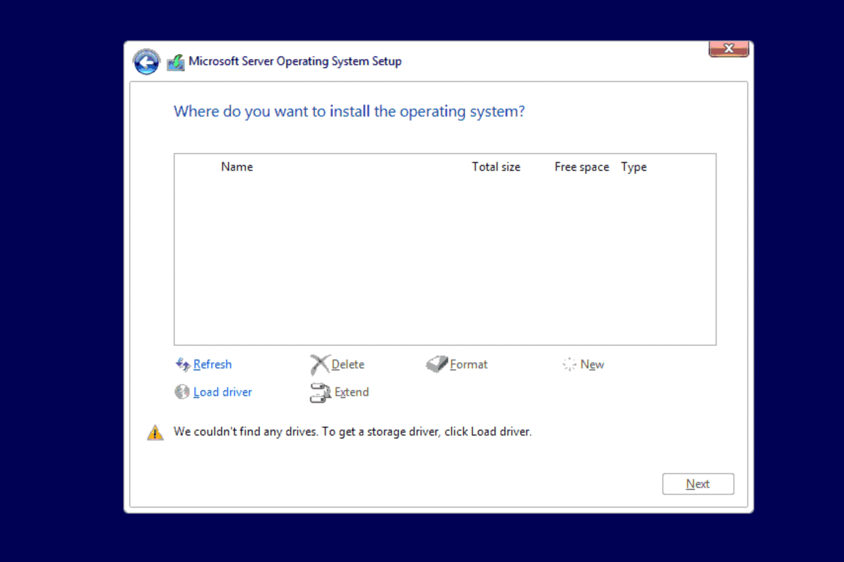 Windows Server Setup drive selection screen showing no drives detected