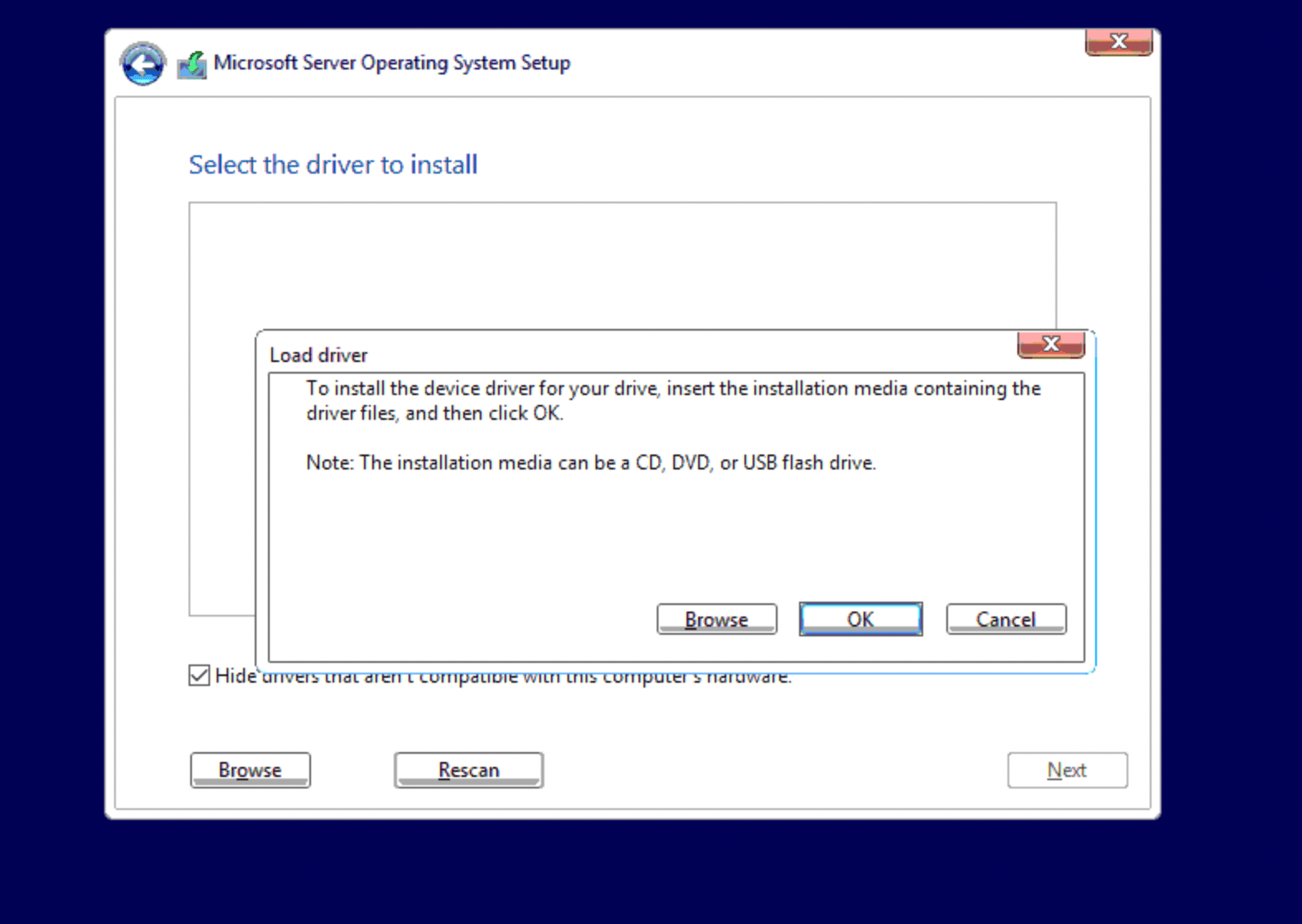 Load driver dialog prompting for driver media