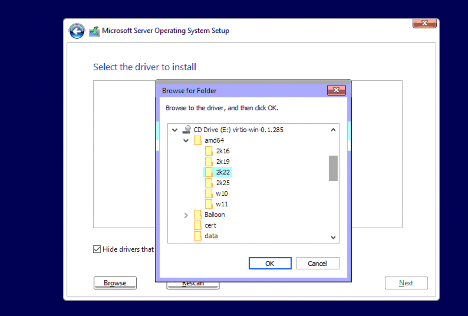 Browse for Folder dialog showing VirtIO ISO contents