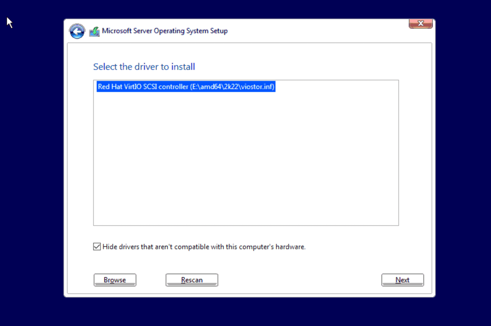 Driver selection screen showing Red Hat VirtIO SCSI controller driver