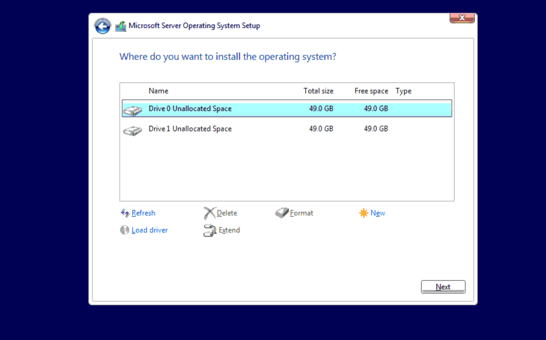 Drive selection screen after VirtIO driver load
