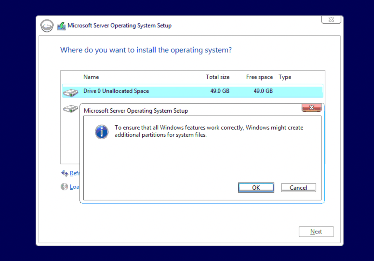 Windows Setup partition confirmation dialog