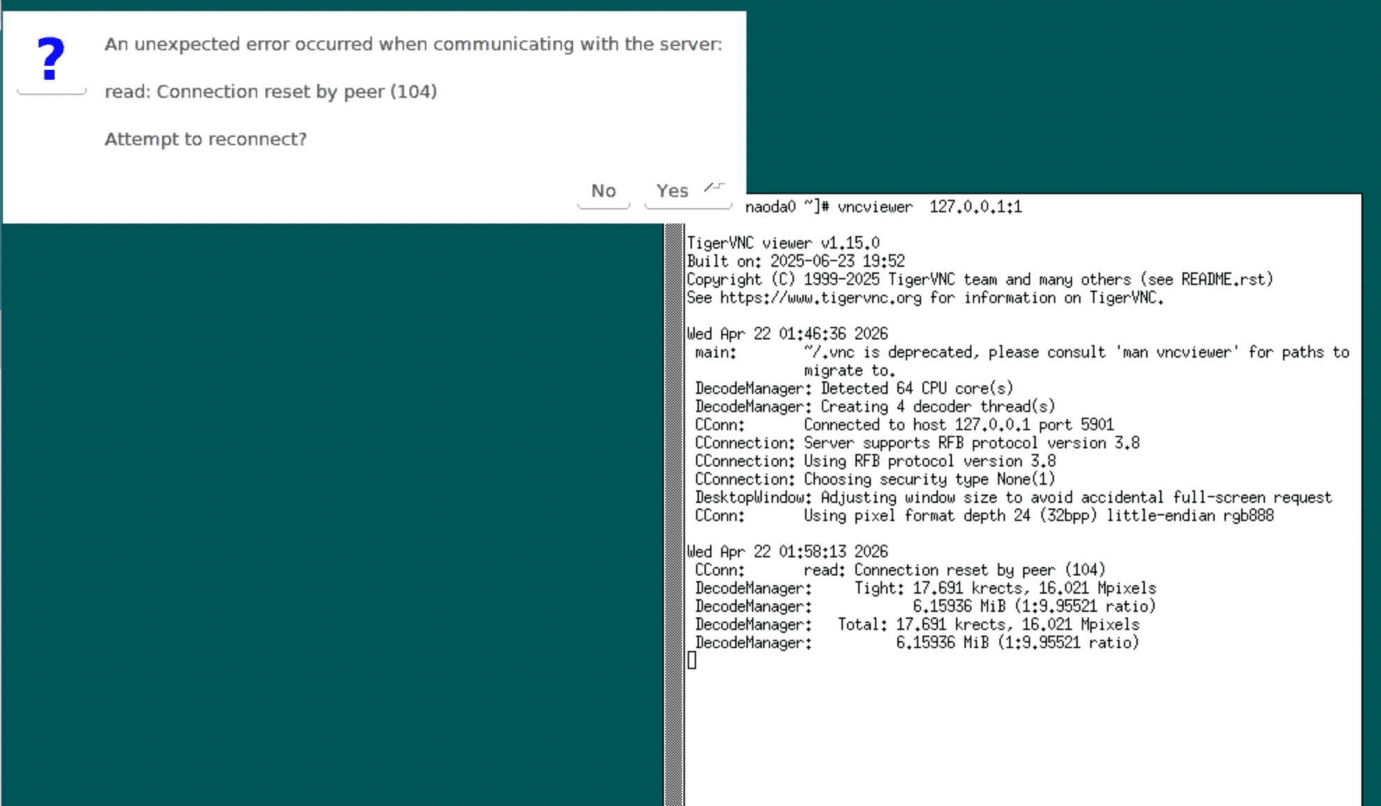 TigerVNC connection reset dialog following VM reboot