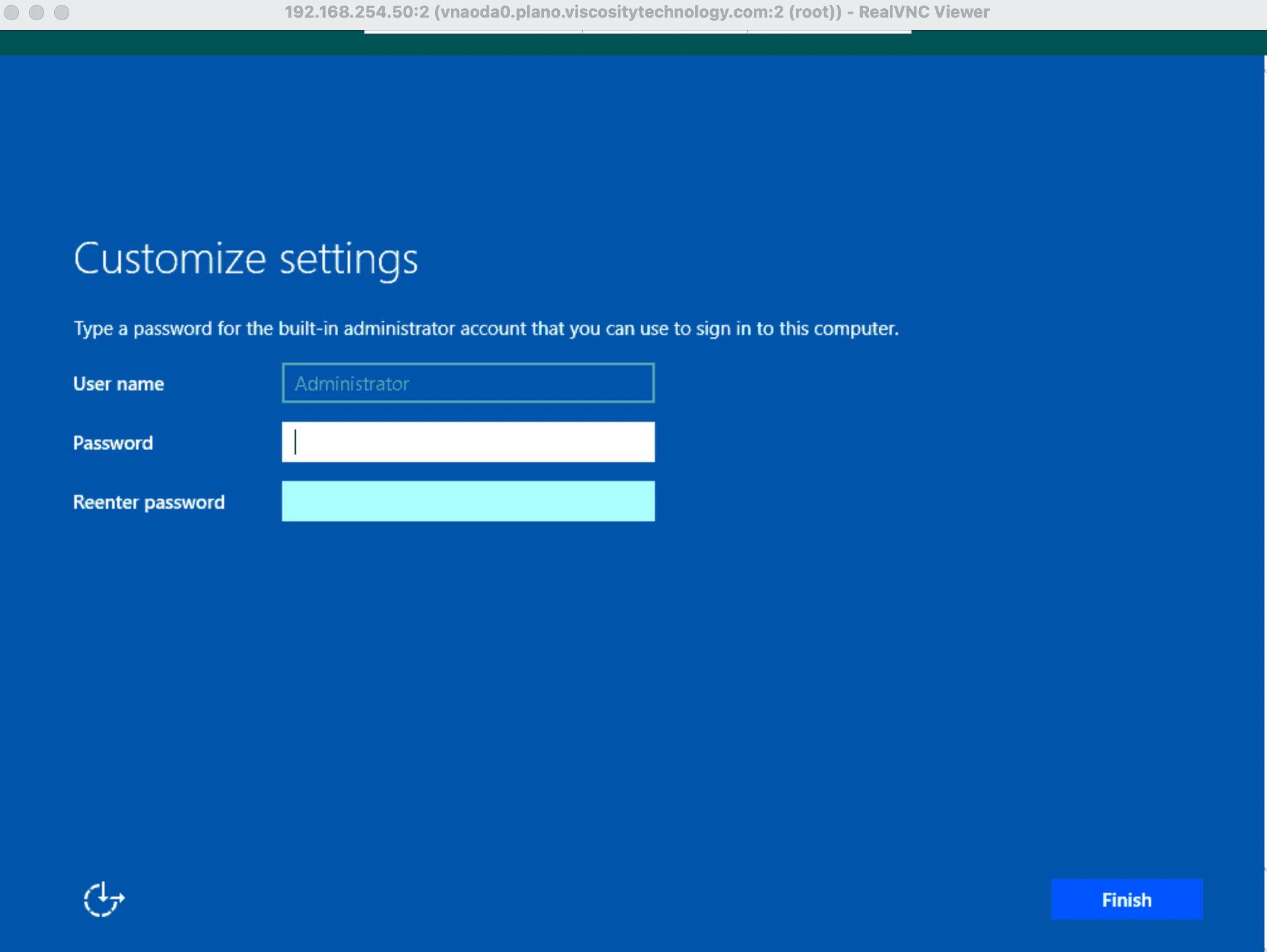 Windows Server Customize settings screen — password entry fields