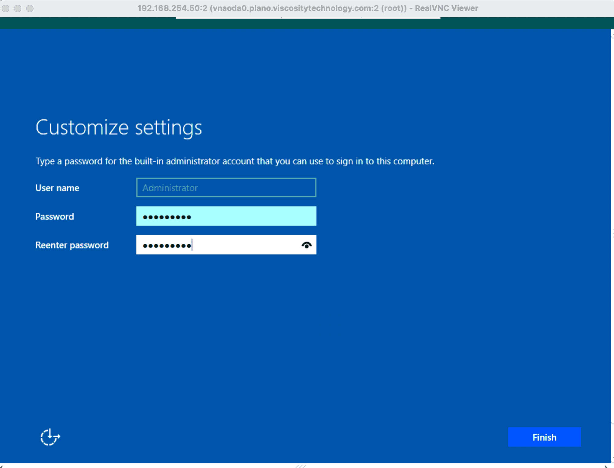 Windows Server Customize settings screen — password entered and confirmed