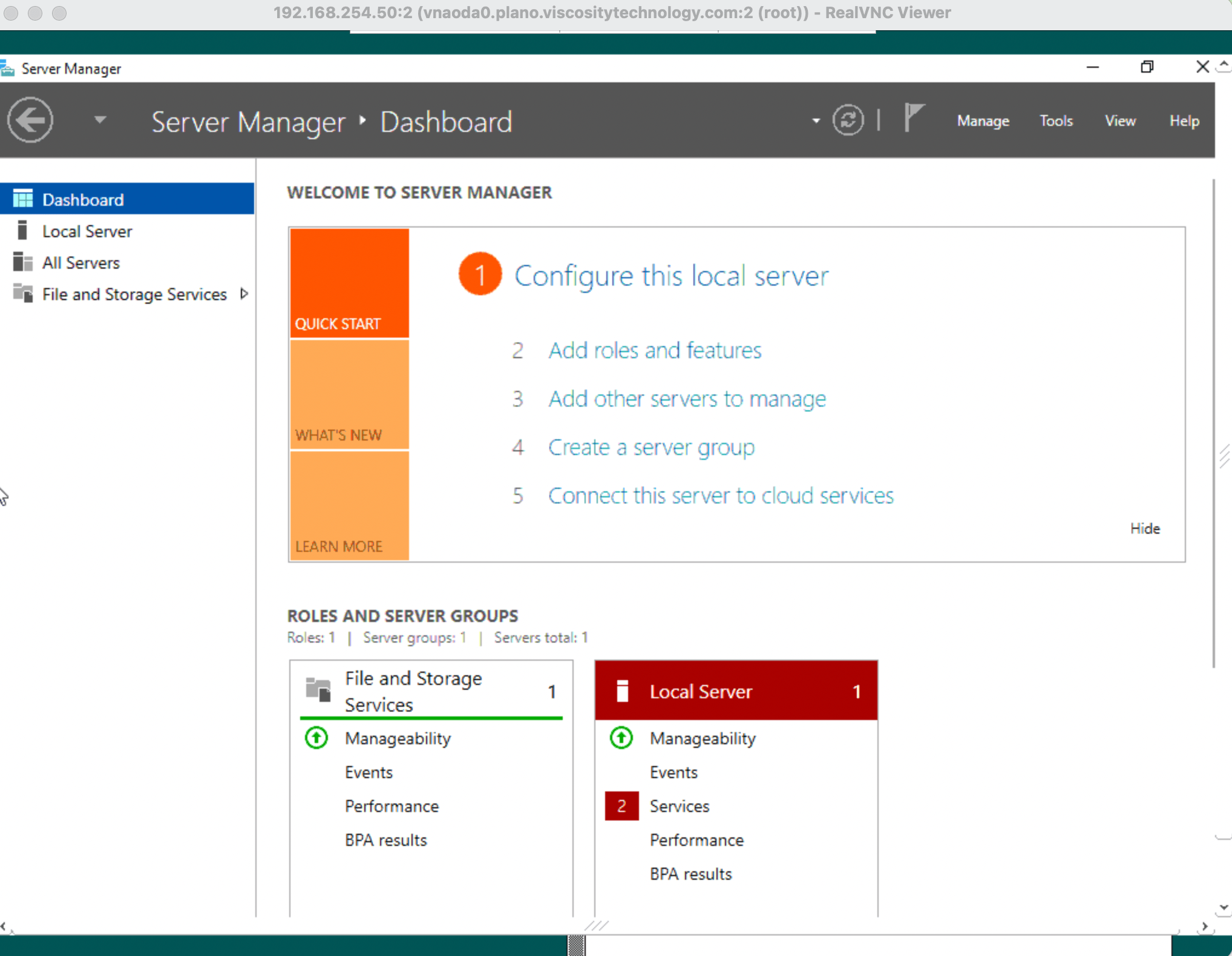Windows Server Manager Dashboard confirming successful login