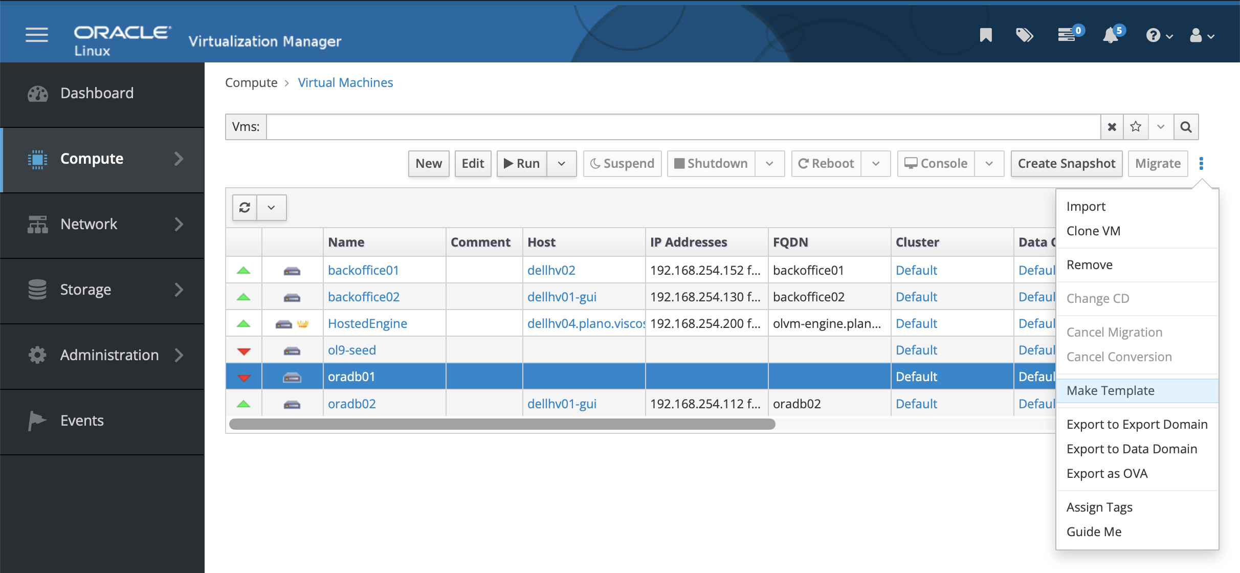 OLVM Virtual Machines screen