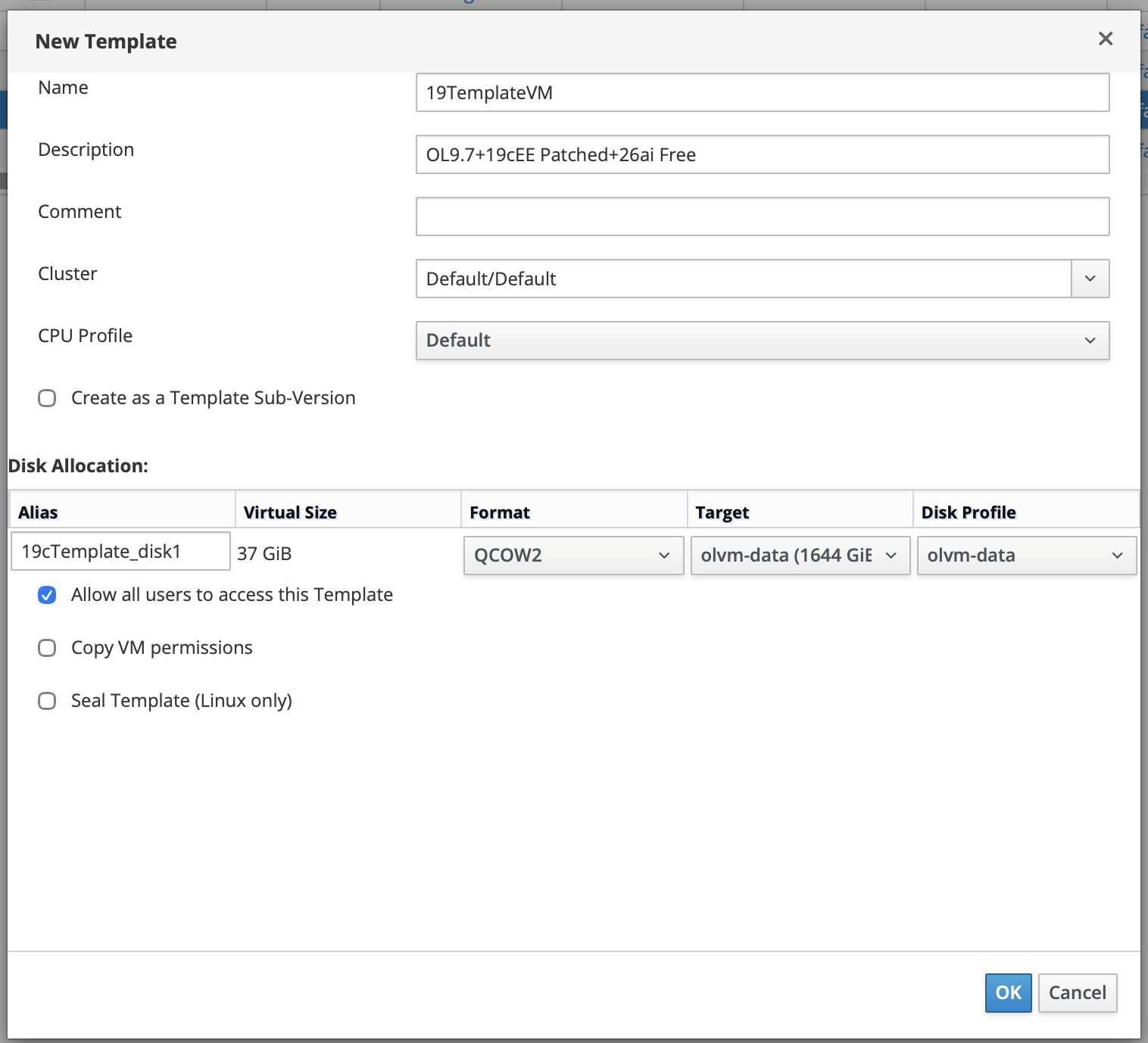 OLVM Make Template dialog