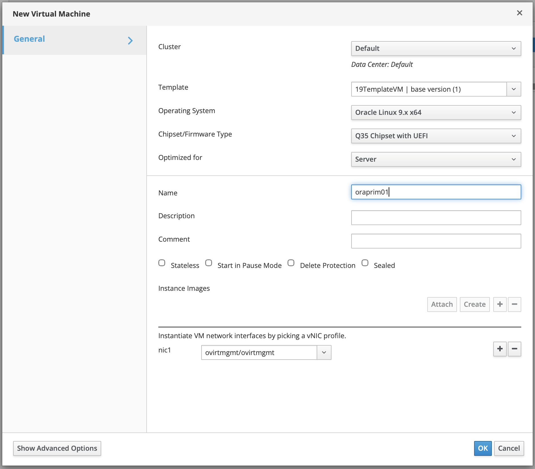 OLVM New Virtual Machine window