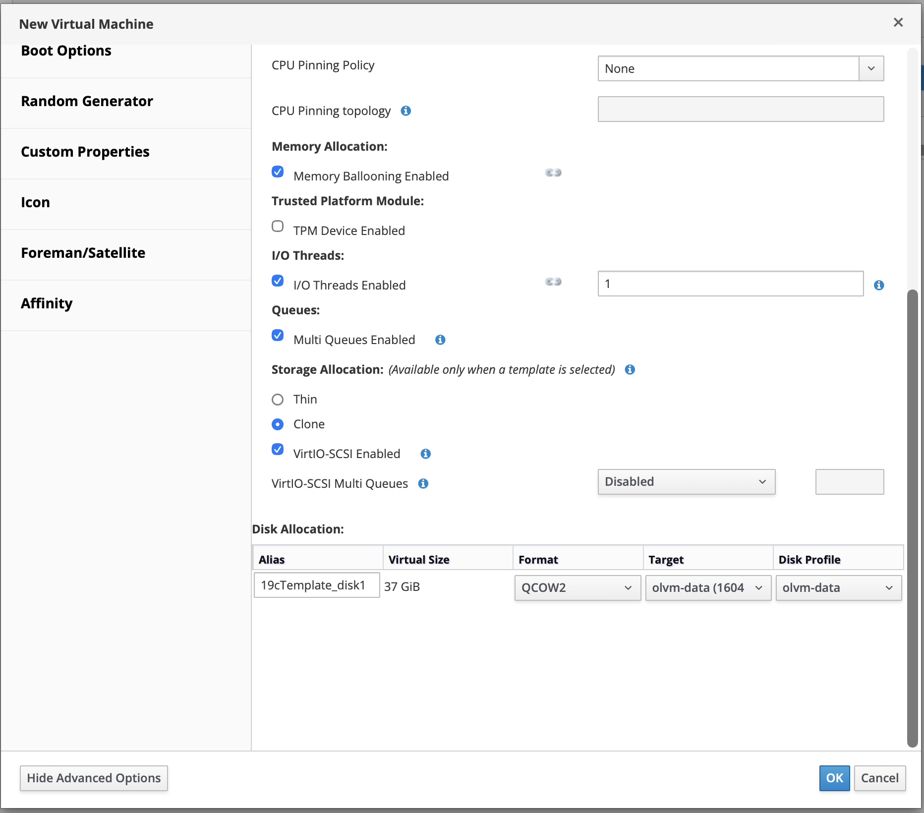 OLVM Show Advanced Options